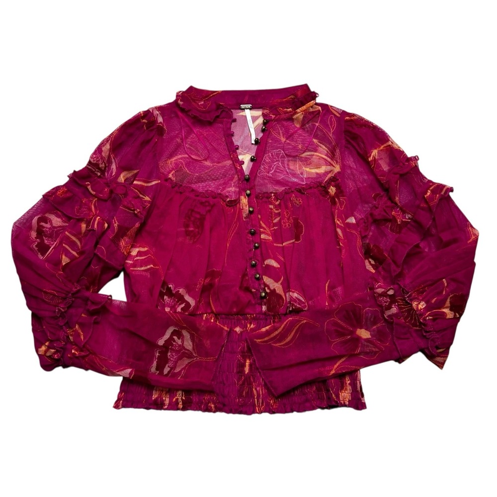 Free People‎ Blouse Womens Small Magenta Floral Sheer Mesh Smocked Ruffle Top - Picture 3 of 12